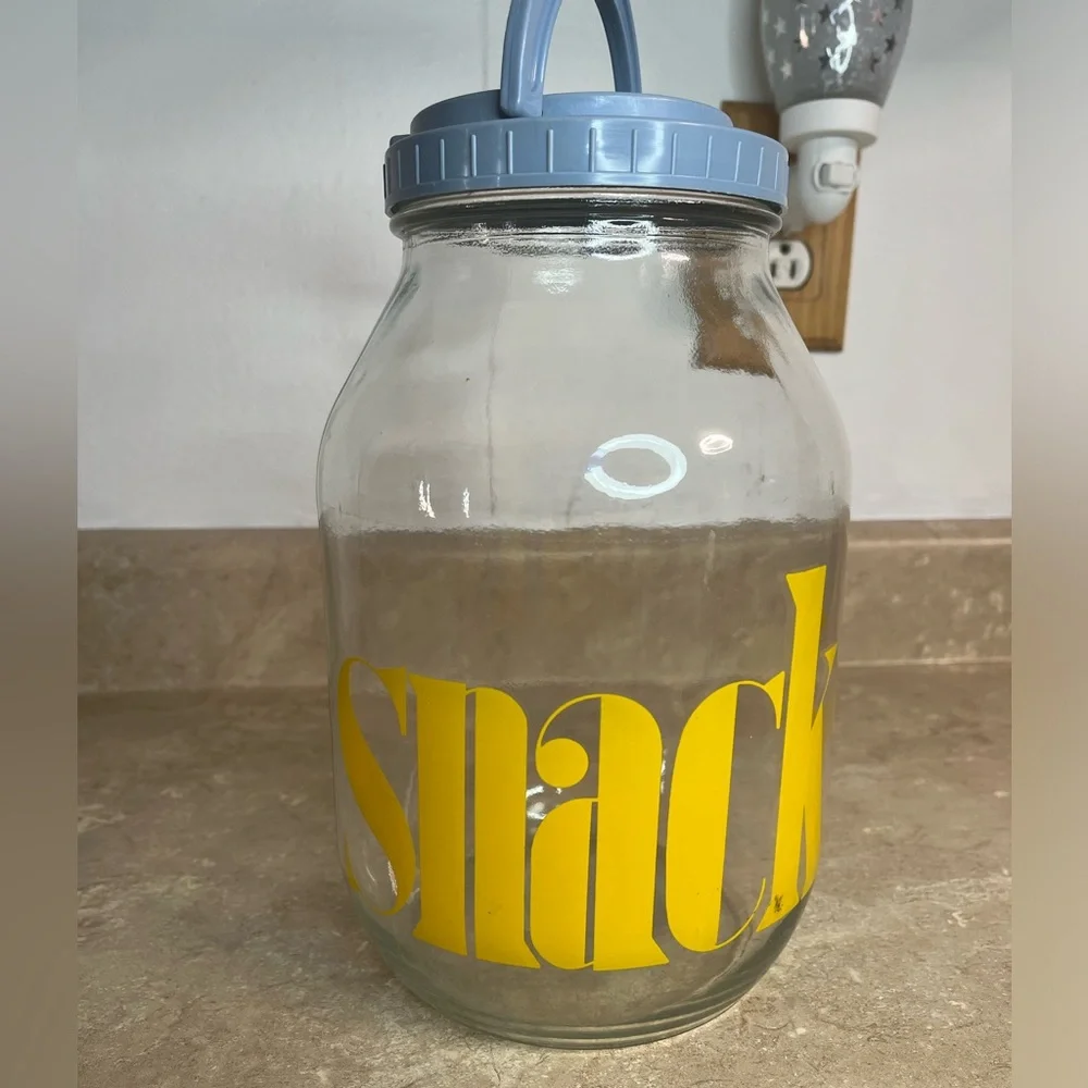 Vintage Clear Glass Snack Jar with Yellow Lettering and Light Blue Lid